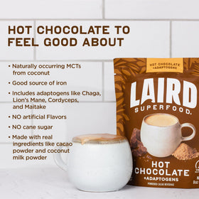 Laird Superfood hot chocolate dairy-free vegan badge underscores allergy-friendly option.