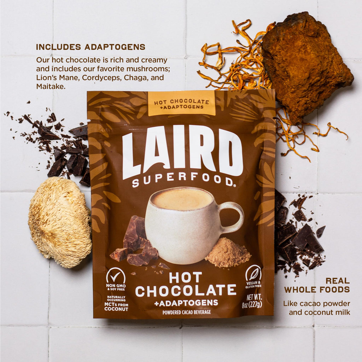 Laird Superfood hot chocolate no-fillers label communicates clean ingredients and dairy-free profile.