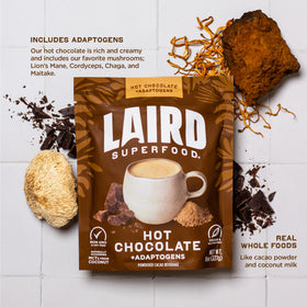 Laird Superfood hot chocolate no-fillers label communicates clean ingredients and dairy-free profile.