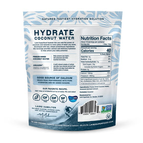 Laird Superfood Hydrate bag-back highlights ingredients and vegan, gluten-free status.