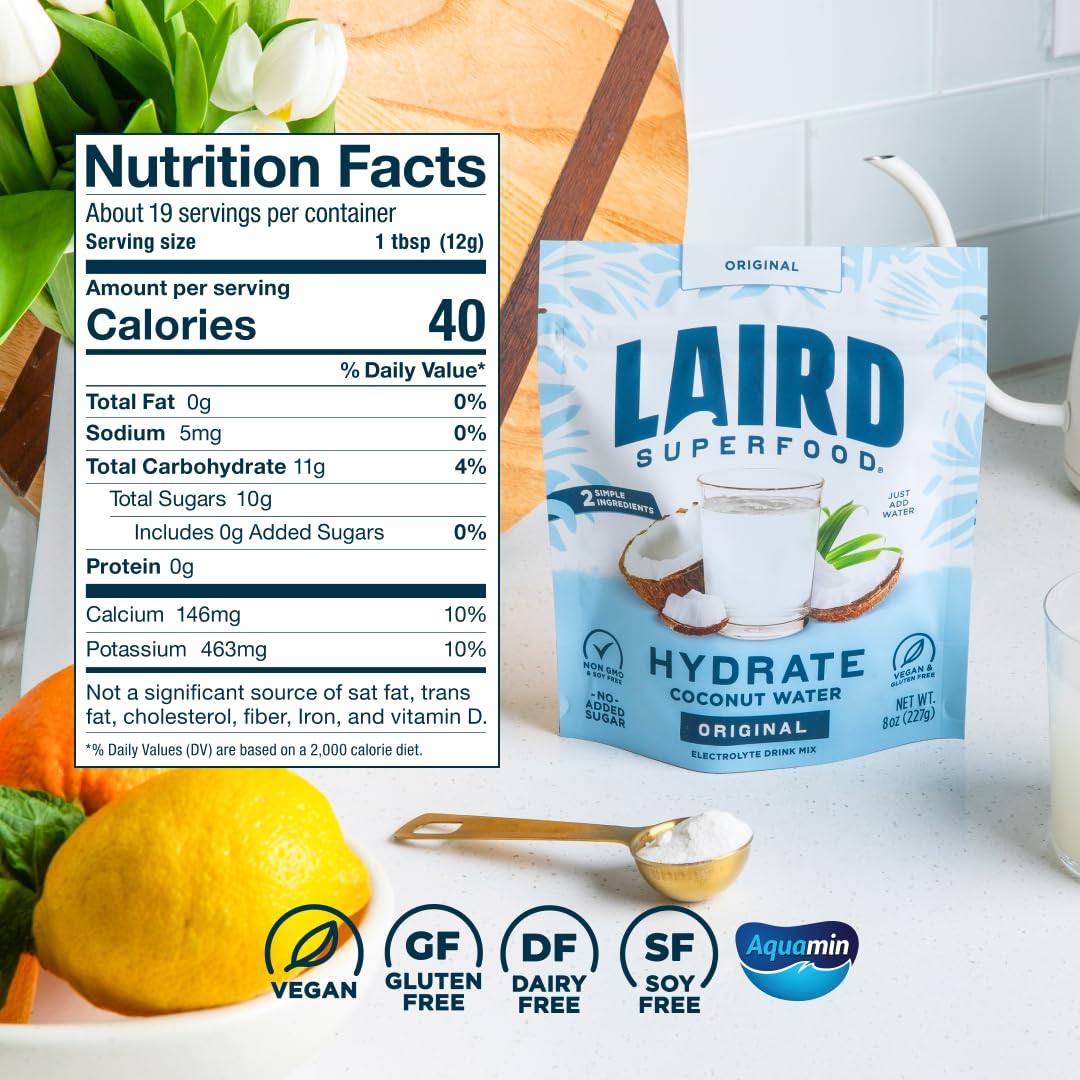 Laird Superfood Hydrate glass-ready after-dissolve for plant-based hydration.