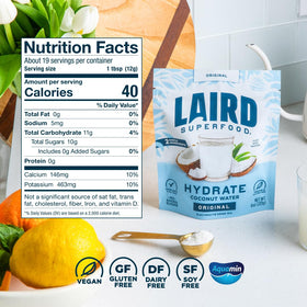 Laird Superfood Hydrate glass-ready after-dissolve for plant-based hydration.