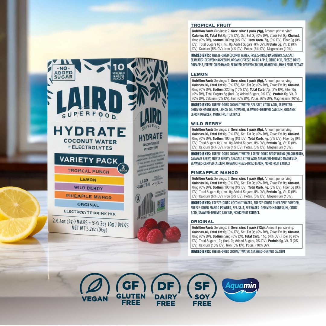 Laird Superfood Hydrate ingredients close-up showing coconut water minerals.