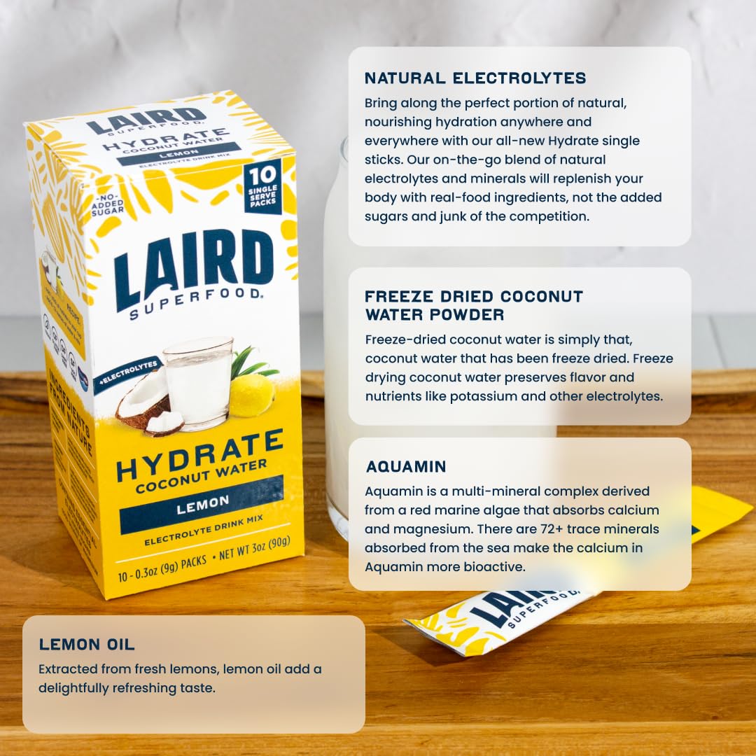 Close-up of Laird Superfood Hydrate Lemon stick highlighting natural ingredients.