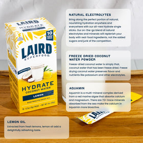 Close-up of Laird Superfood Hydrate Lemon stick highlighting natural ingredients.