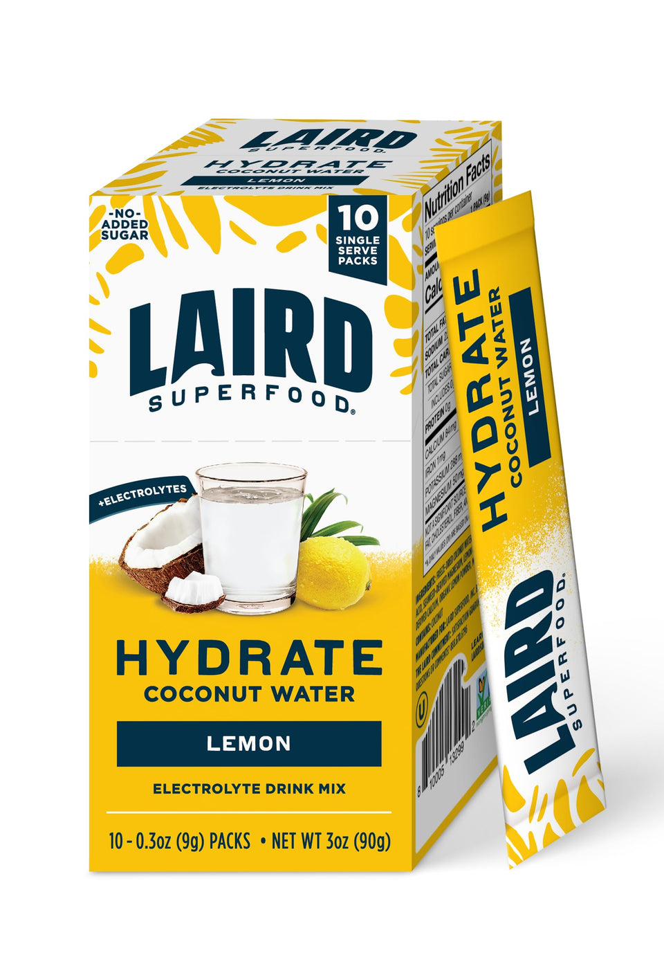Laird Superfood Hydrate Lemon stick beside a glass of water for on-the-go hydration.