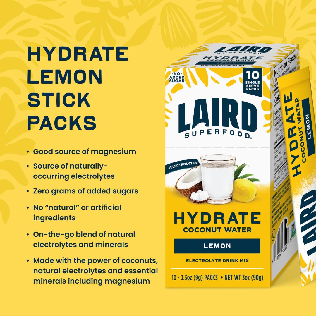 Laird Superfood Hydrate Lemon single-serve pack ideal for travel.