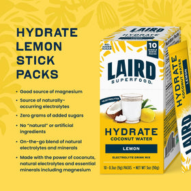 Laird Superfood Hydrate Lemon single-serve pack ideal for travel.