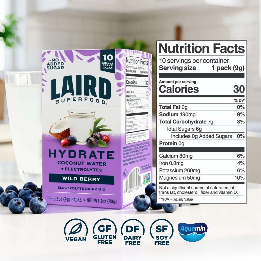 Laird Superfood Hydrate Wild Berry in a glass boosts on-the-go hydration