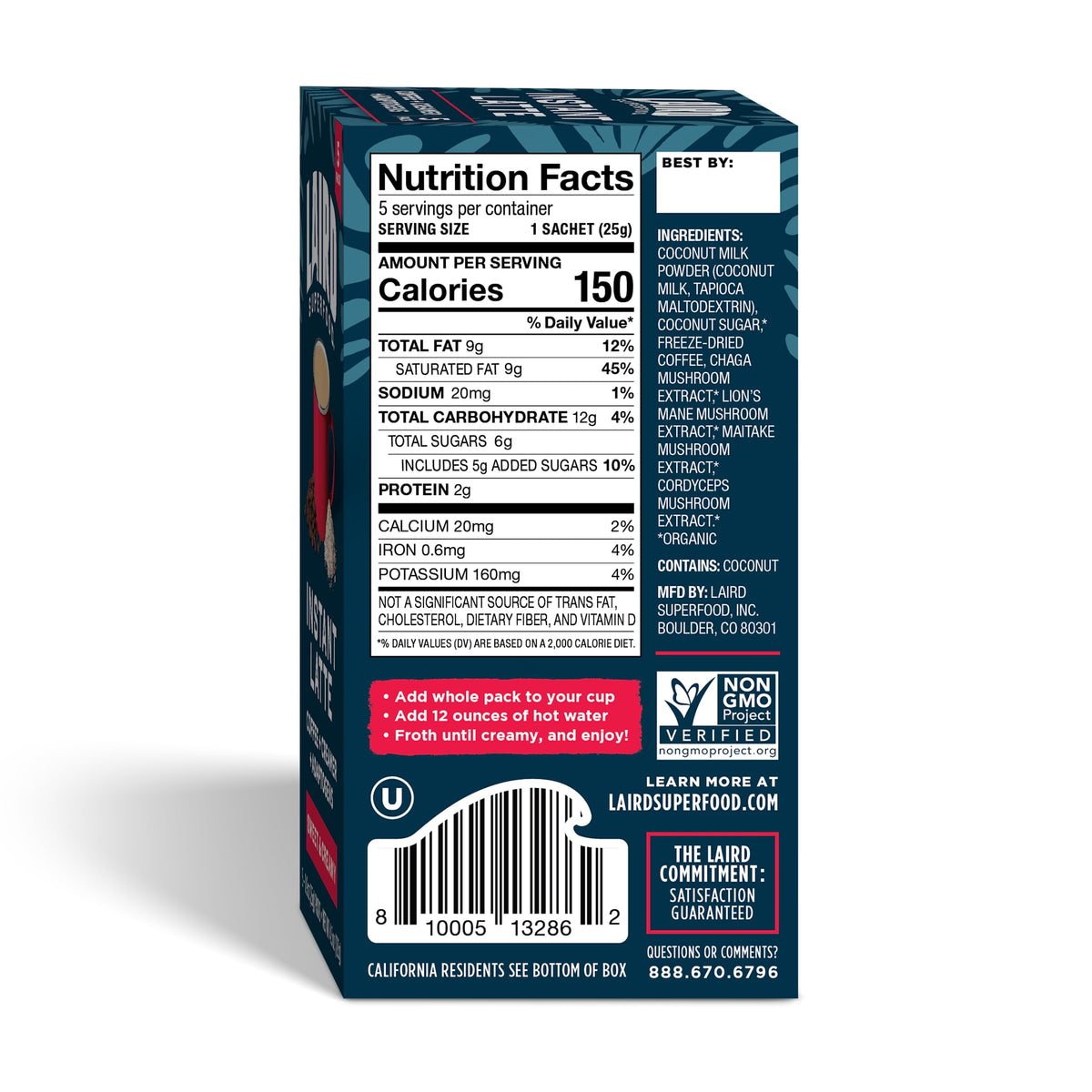 Laird Superfood ingredients coconut milk powder and mushroom extracts enhance flavor and texture.
