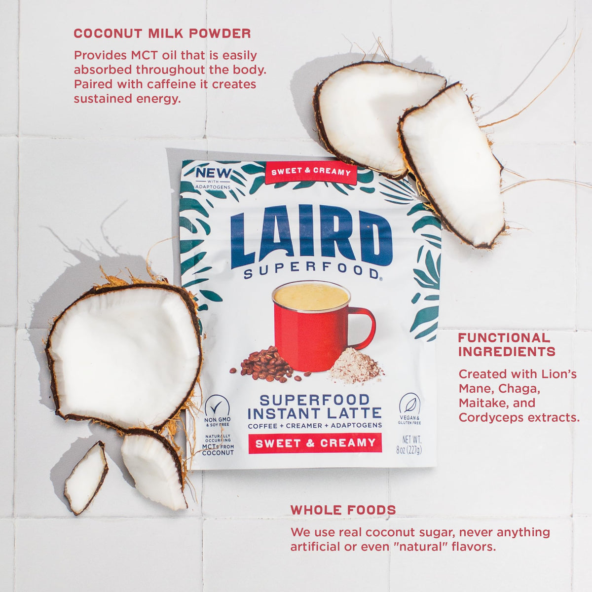Laird Superfood Instant Latte bag with clear ingredient list.