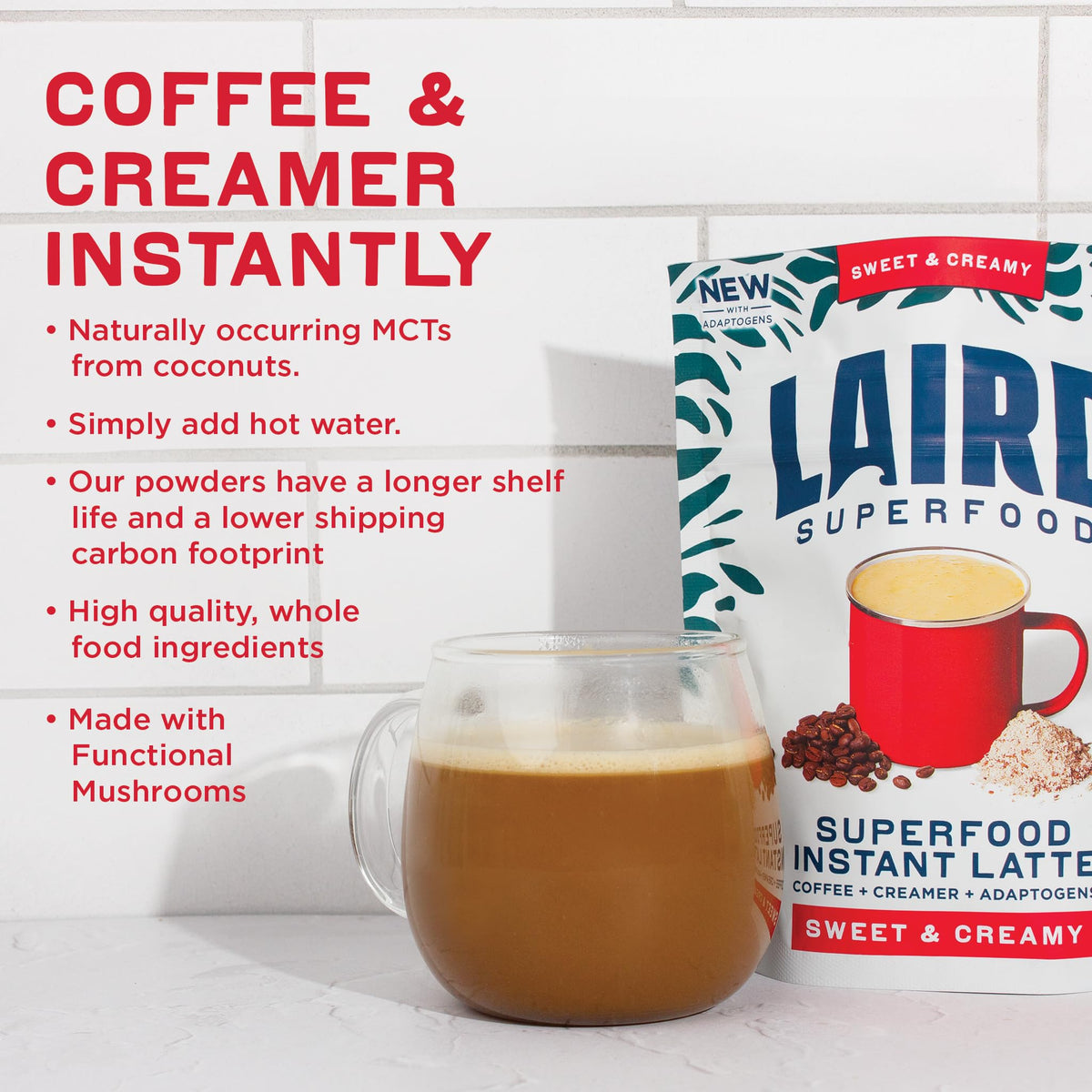 Laird Superfood Instant Latte coffee scoop beside a mug.