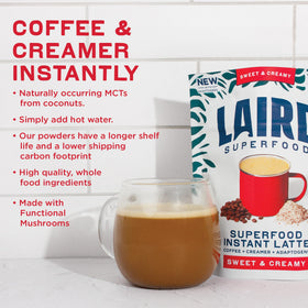 Laird Superfood Instant Latte coffee scoop beside a mug.