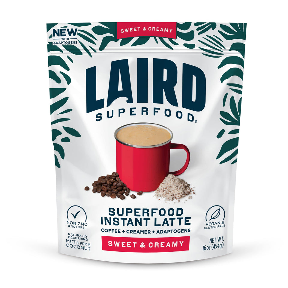 Laird Superfood Instant Latte cup shows creamy vegan flavor.