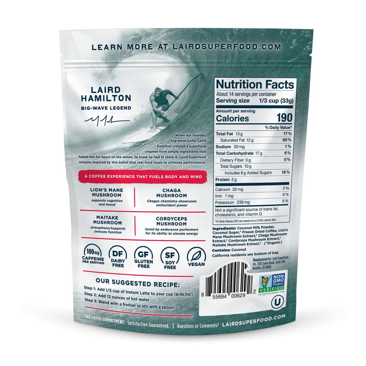 Laird Superfood Instant Latte powder dissolving in hot water.