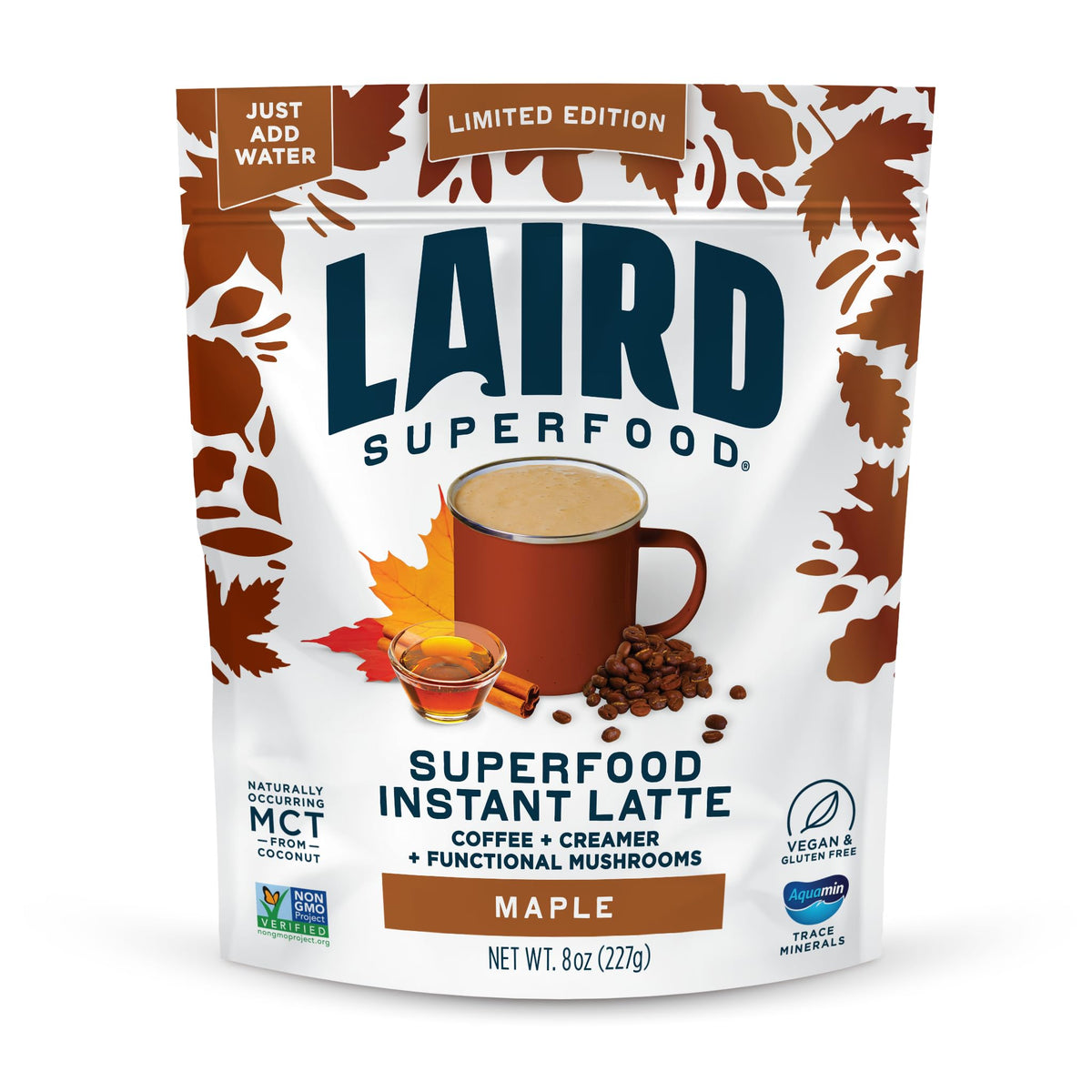 Laird Superfood Instant Latte Maple bag front, dairy-free vegan creamer.