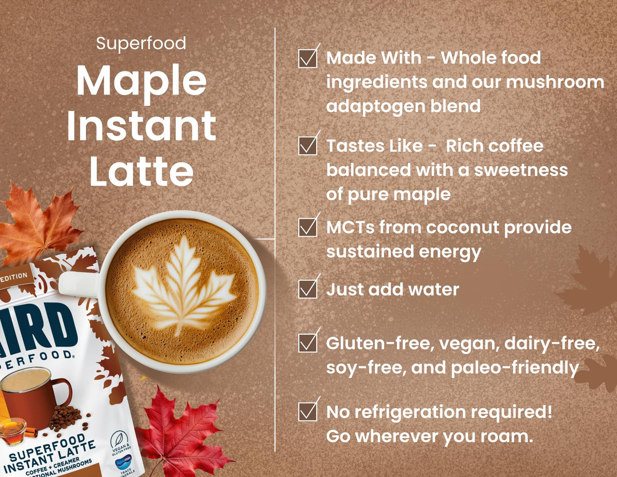 Laird Superfood Instant Latte Maple ingredients panel, coconut milk powder highlighted.