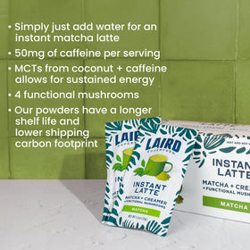 Laird Superfood Instant Latte Matcha with adaptogens and mushrooms for balanced energy.