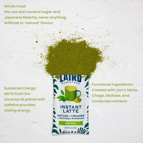 Laird Superfood Instant Latte Matcha coconut creamer close-up highlights creamy richness.