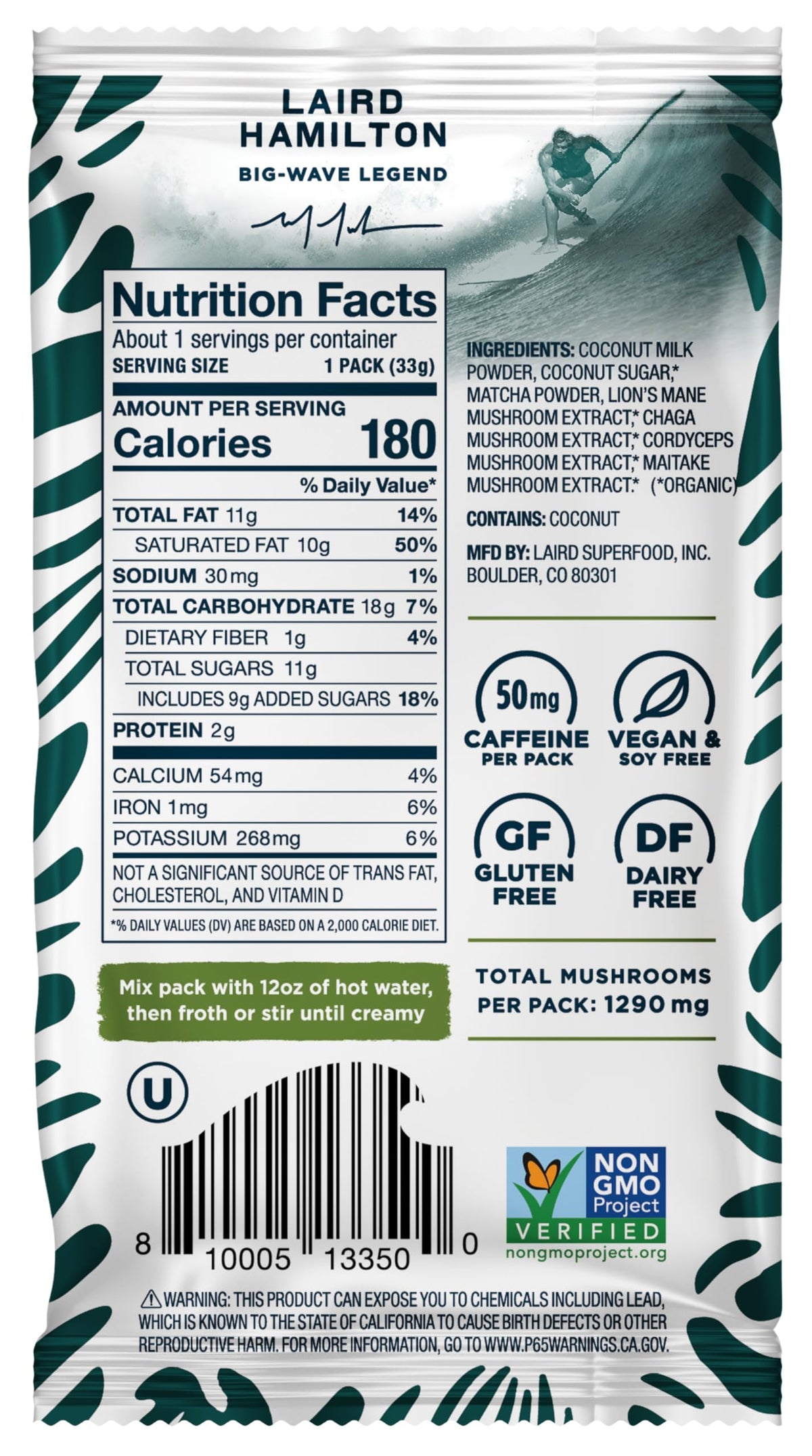 Laird Superfood Instant Latte Matcha in hot water reveals vibrant green latte aroma.