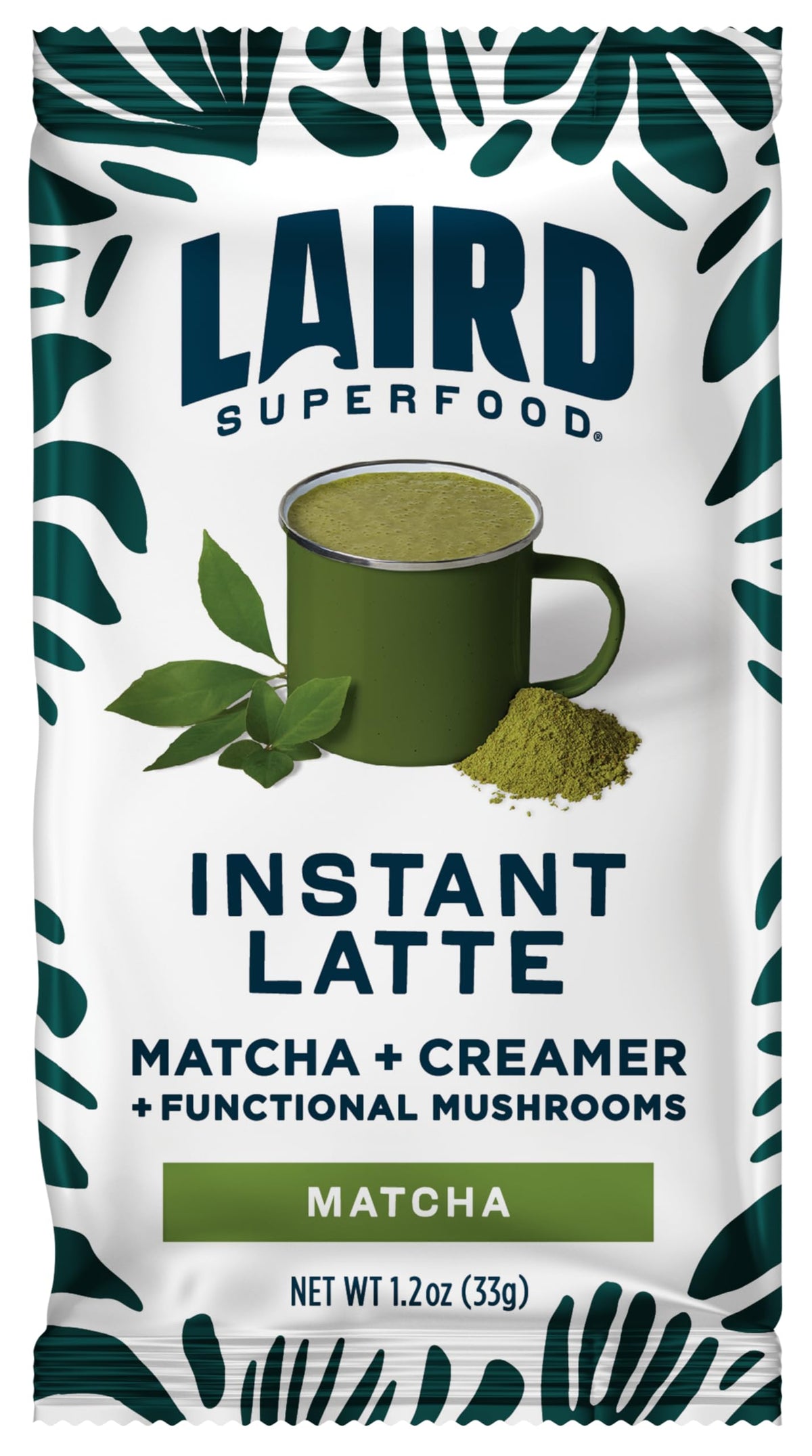 Laird Superfood Instant Latte Matcha sachet opened into a cup for quick, creamy mix.