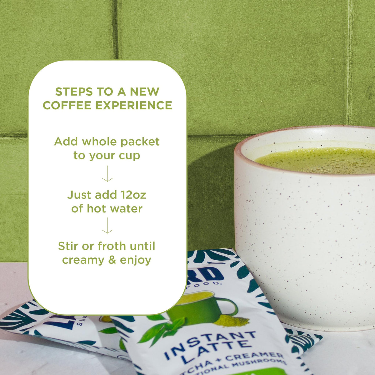 Laird Superfood Instant Latte Matcha vegan, gluten-free, Non-GMO latte option.