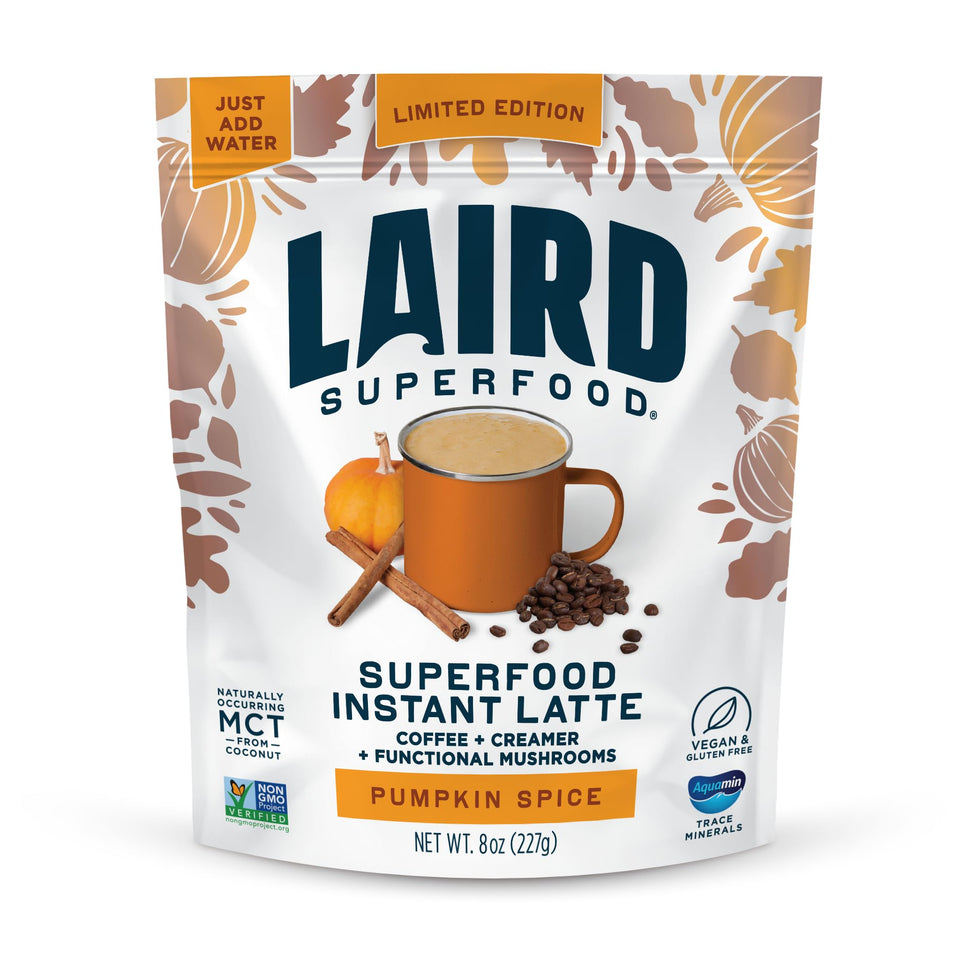 Laird Superfood Instant Latte Pumpkin Spice cup ready for a cozy morning ritual