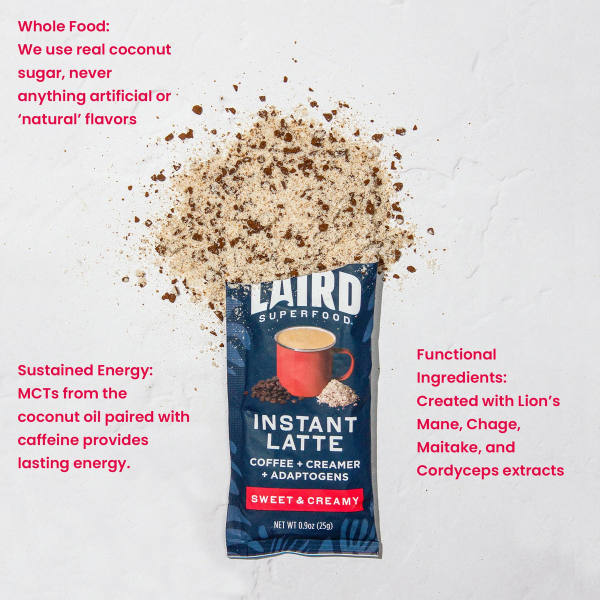 Laird Superfood Instant Latte sachet opened, highlighting gluten-free creamer option