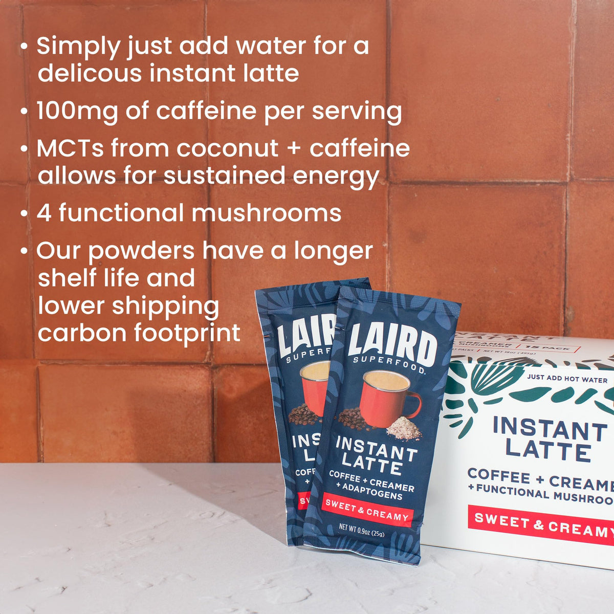 Laird Superfood Instant Latte sachet on kitchen counter emphasizing dairy-free convenience
