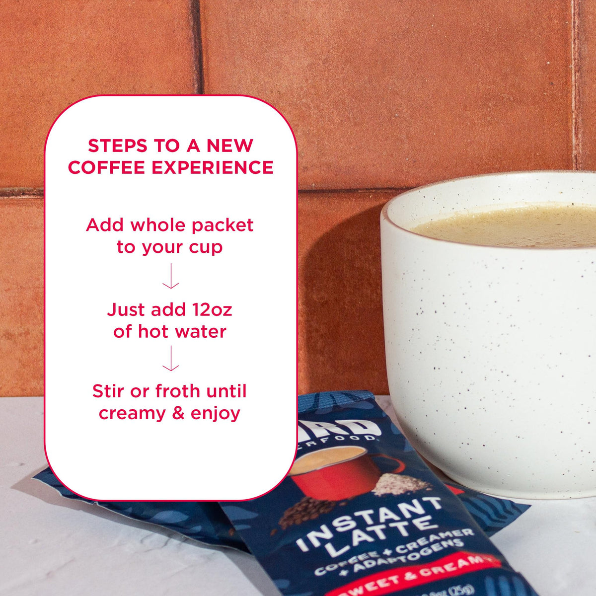 Laird Superfood Instant Latte sachet with ingredients suggesting easy vegan latte mix