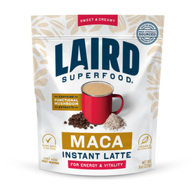 Laird Superfood Maca Instant Latte bag shows gluten-free vegan creamer packaging for daily energy.