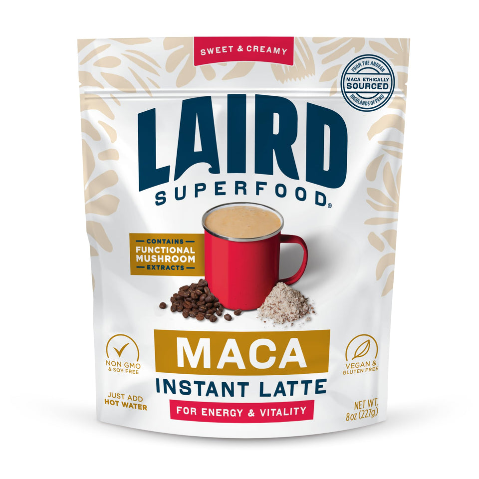 Laird Superfood Maca Instant Latte bag shows gluten-free vegan creamer packaging for daily energy.