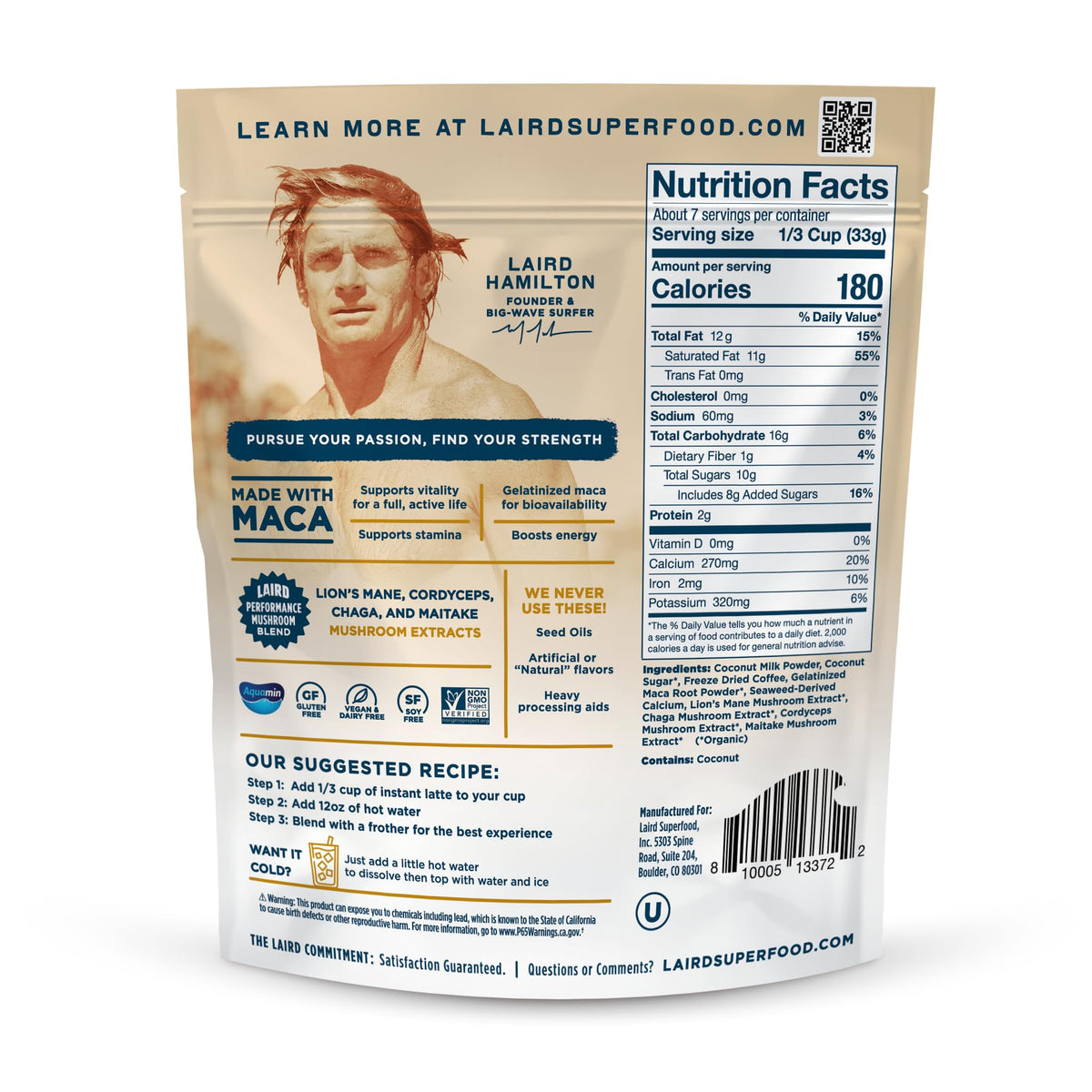 Laird Superfood Maca Instant Latte cup prepared with hot water for a quick, energizing treat.