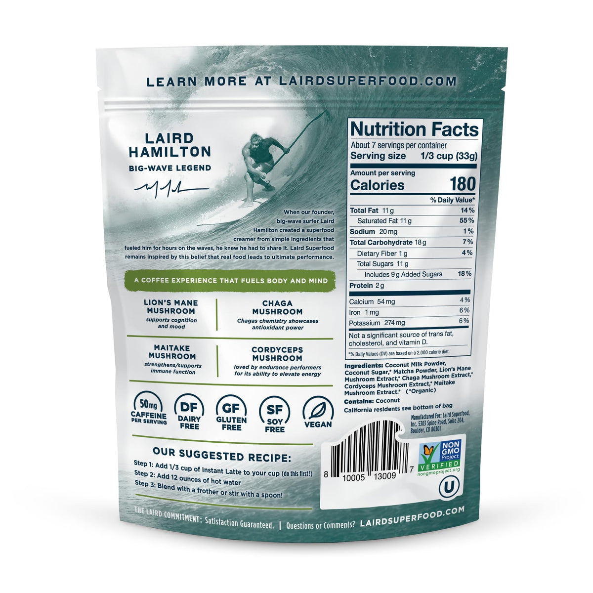 Laird Superfood Matcha Instant Latte bottle shake to mix on the go.