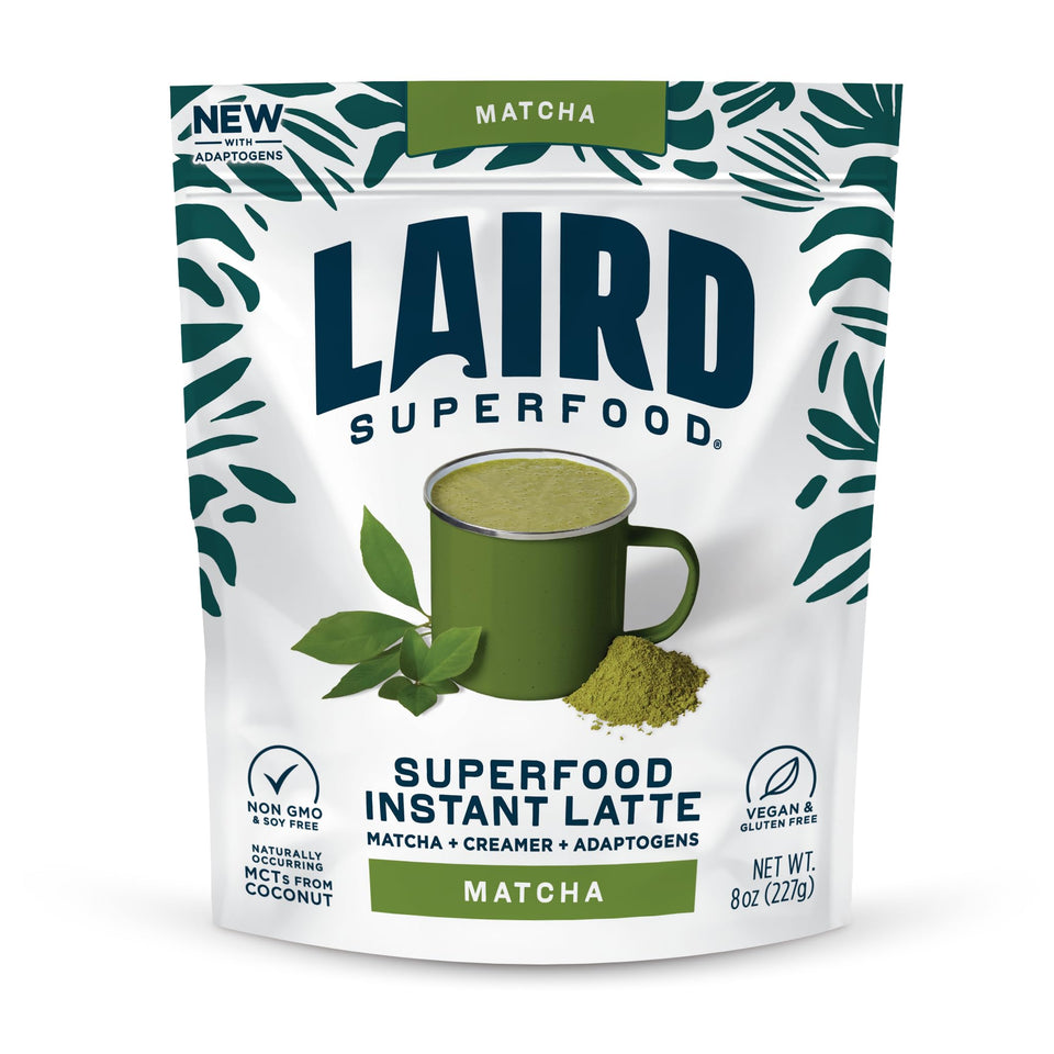 Laird Superfood Matcha Instant Latte cup with creamy foam for a quick, energizing start.