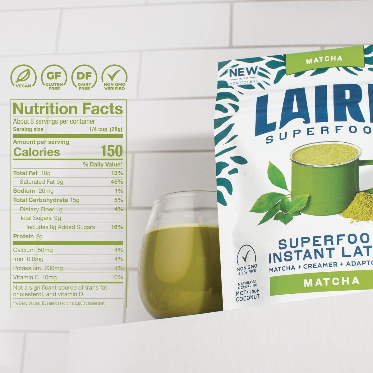 Laird Superfood Matcha Instant Latte ingredients closeup highlight coconut creamer and matcha for flavor richness.