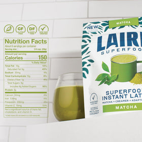 Laird Superfood Matcha Instant Latte ingredients closeup highlight coconut creamer and matcha for flavor richness.