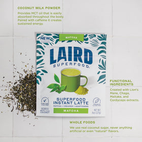 Laird Superfood Matcha Instant Latte packaging shows gluten-free, vegan formulation for everyday use.