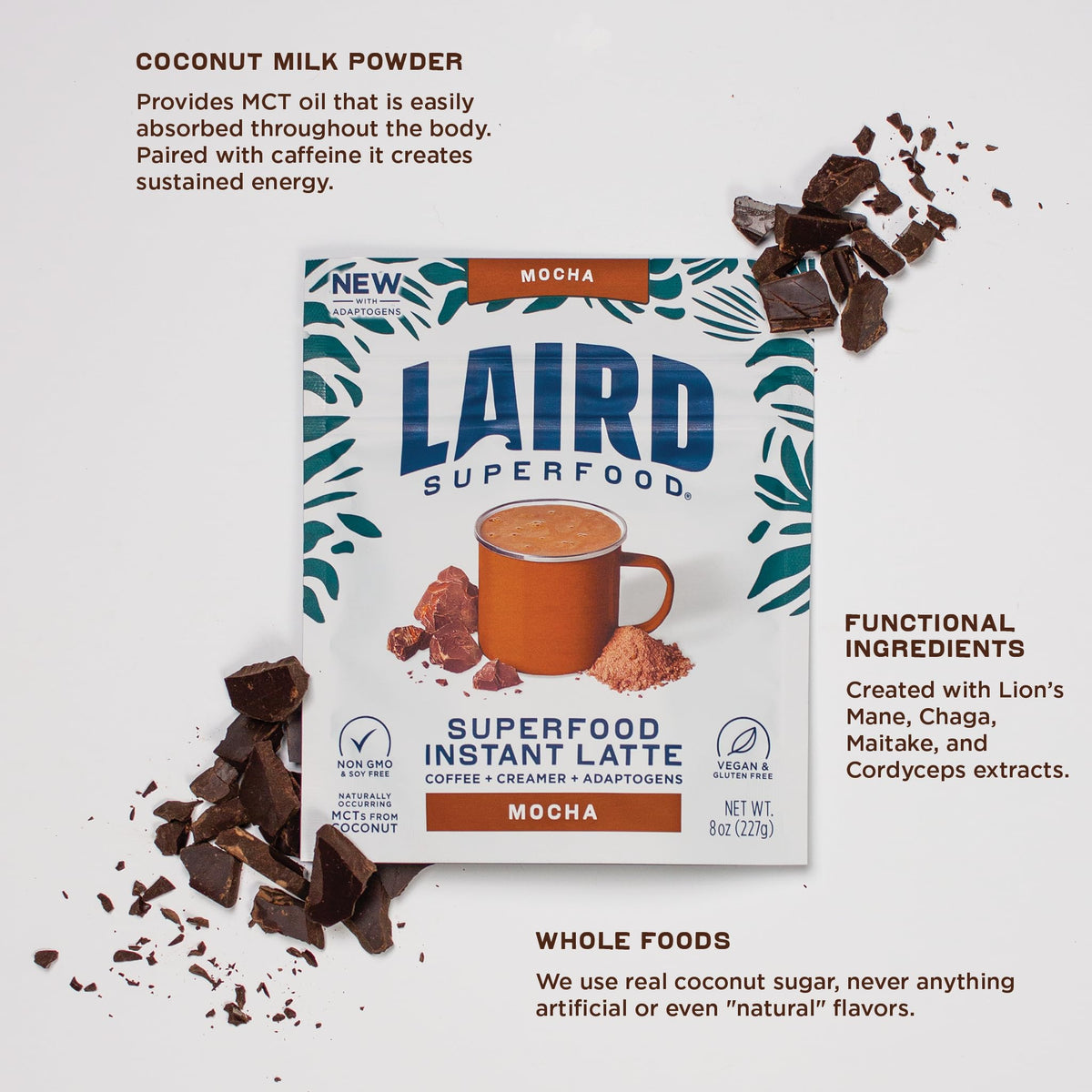 Cacao and instant coffee blend delivers a robust mocha aroma and depth
