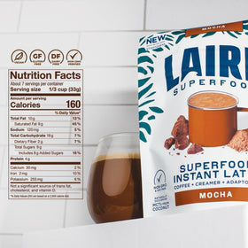 Ingredients panel highlights cacao and coconut creamer for a rich non-dairy latte