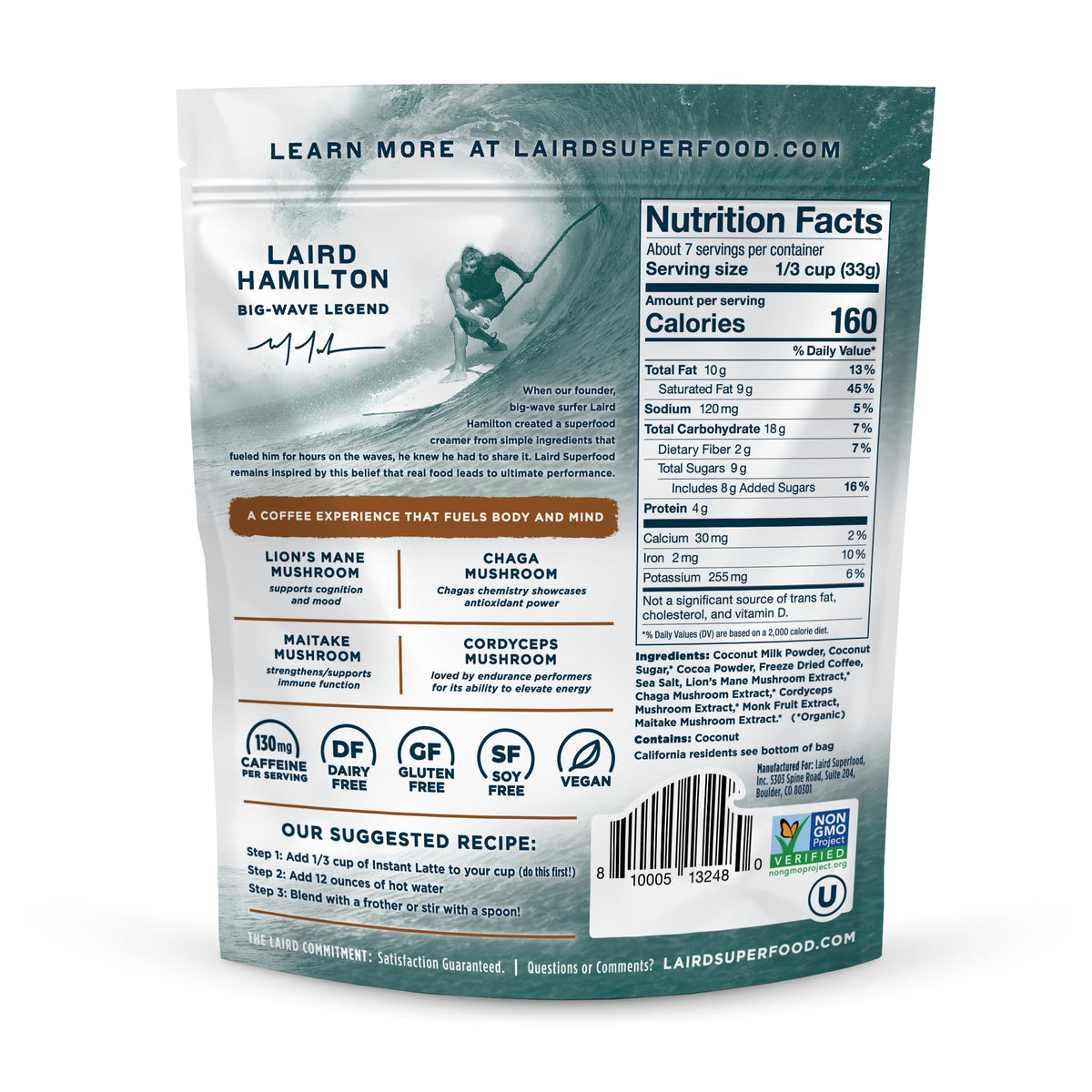 Pouring Laird Mocha Instant Latte into a cup shows smooth, dairy-free texture
