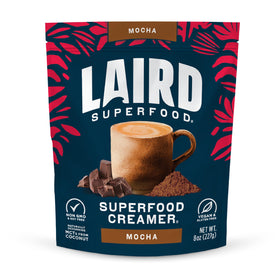 Laird Superfood Non-Dairy Coffee Creamer Mocha pack enhances coffee with dairy-free richness.