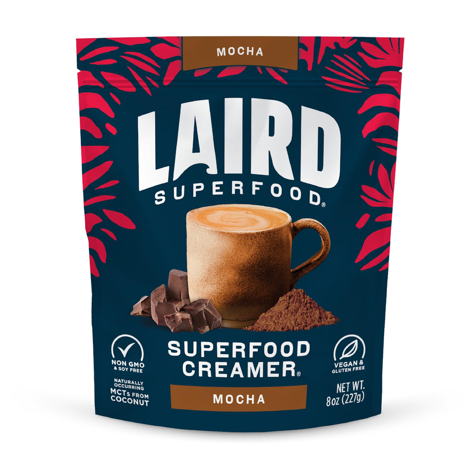 Laird Superfood Non-Dairy Coffee Creamer Mocha pack enhances coffee with dairy-free richness.