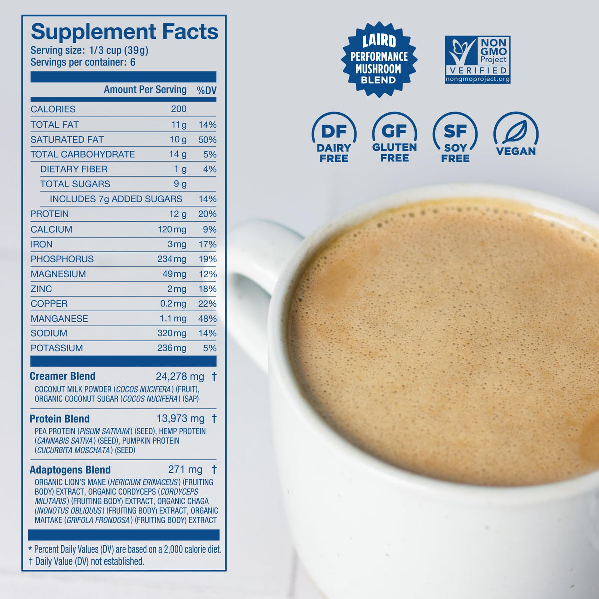 Laird Superfood Non-Dairy Protein Creamer cup poured into coffee for creamy texture.