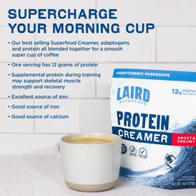 Laird Superfood Non-Dairy Protein Creamer ingredients close-up shows prebiotic fiber.