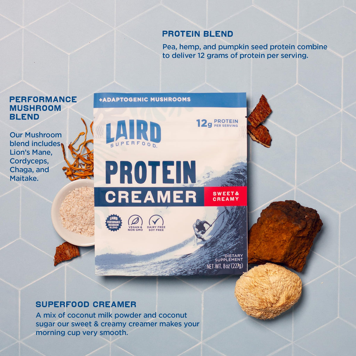 Laird Superfood Non-Dairy Protein Creamer being stirred into a drink for smooth richness.