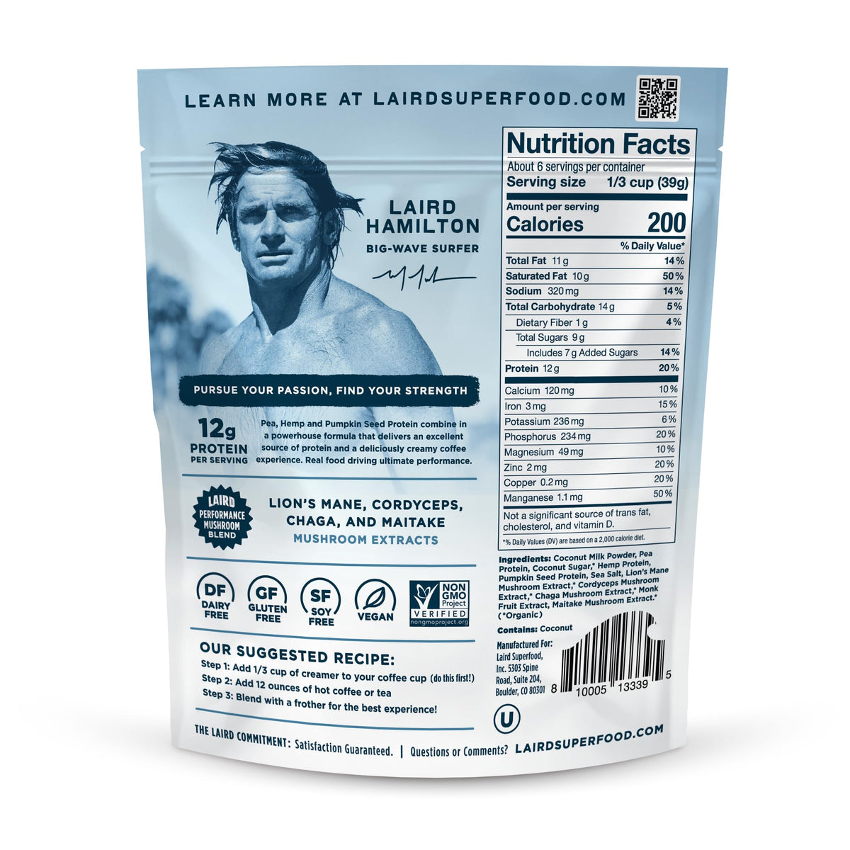 Laird Superfood Non-Dairy Protein Creamer scoop highlights 12 g protein per serving.