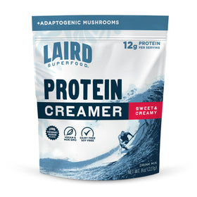 Laird Superfood Non-Dairy Protein Creamer Sweet & Creamy bag shows energizing plant-based protein.