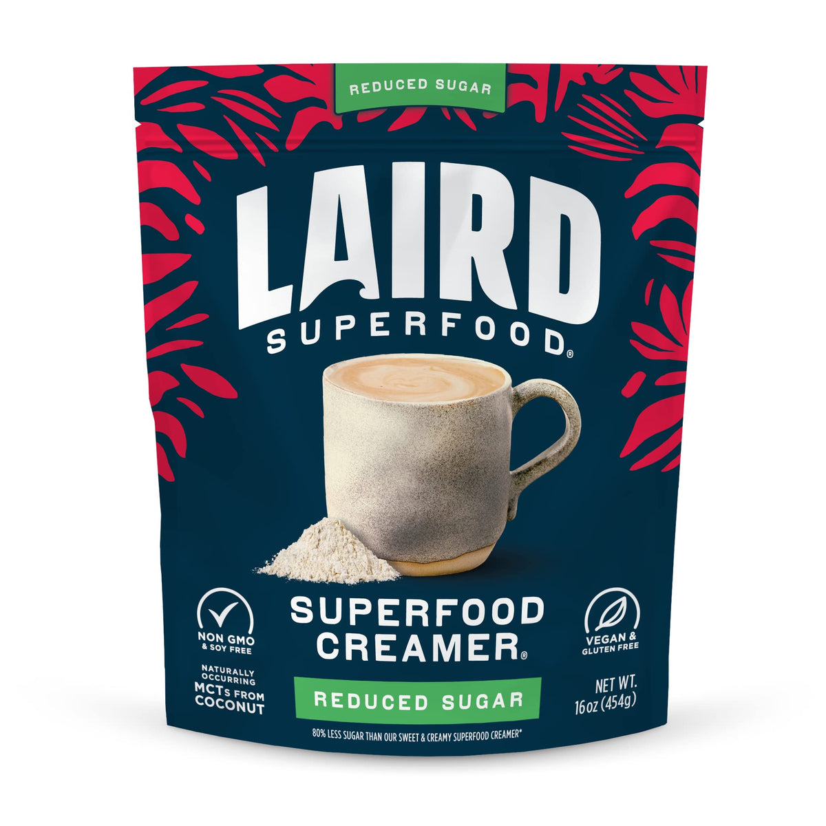 Laird Superfood non-dairy reduced sugar creamer powder in a 16 oz bag for unsweetened coffee.
