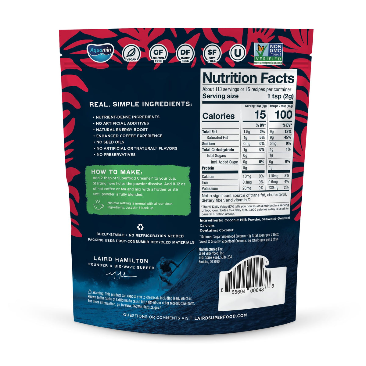 Laird Superfood creamer label close-up highlighting unsweetened coconut powder